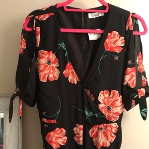 Black and Floral wrap Front Full Length Jumpsuit